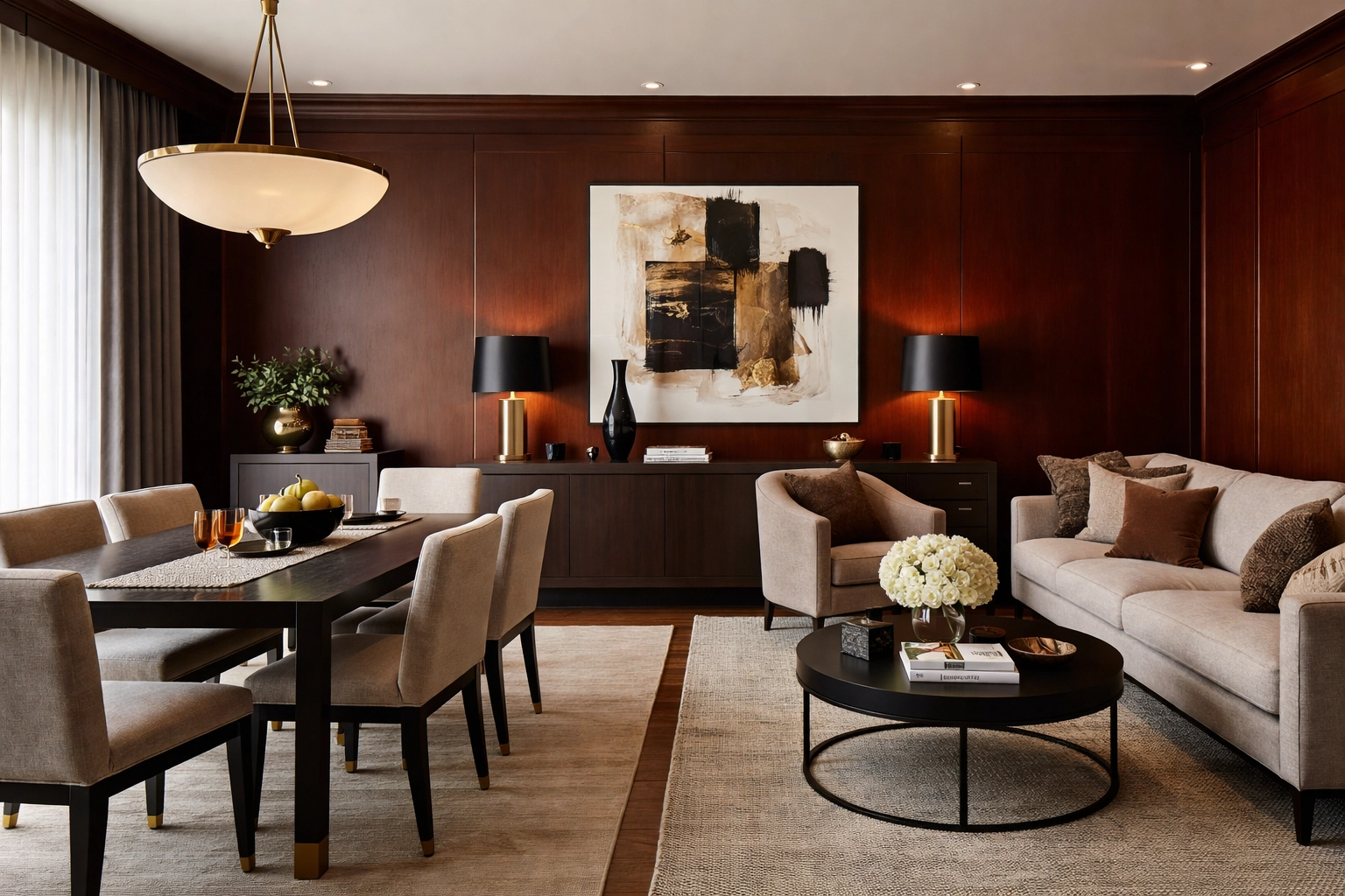 Dining room with a rich warm mahogany accent wall and modern furnishings